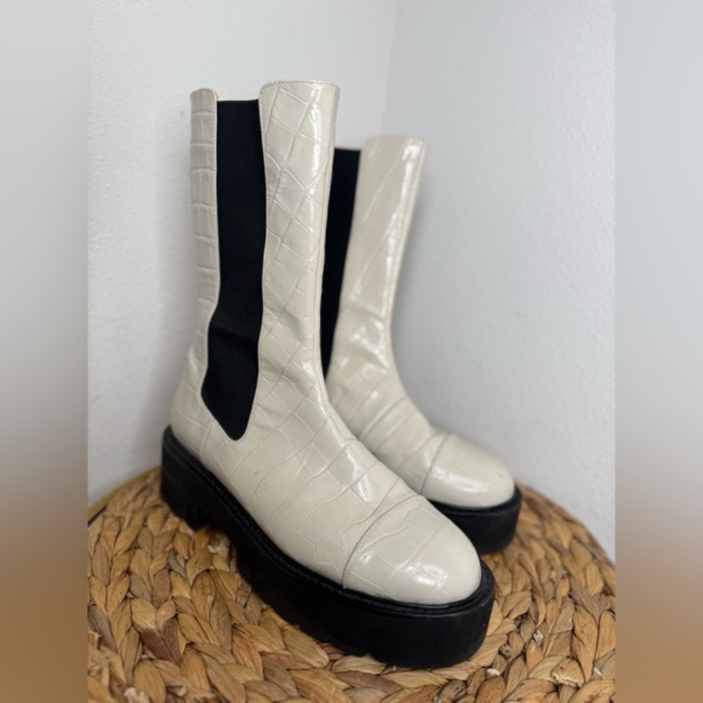 Stuart Weitzman Presley Ultralift platform boots cream croc-embossed leather